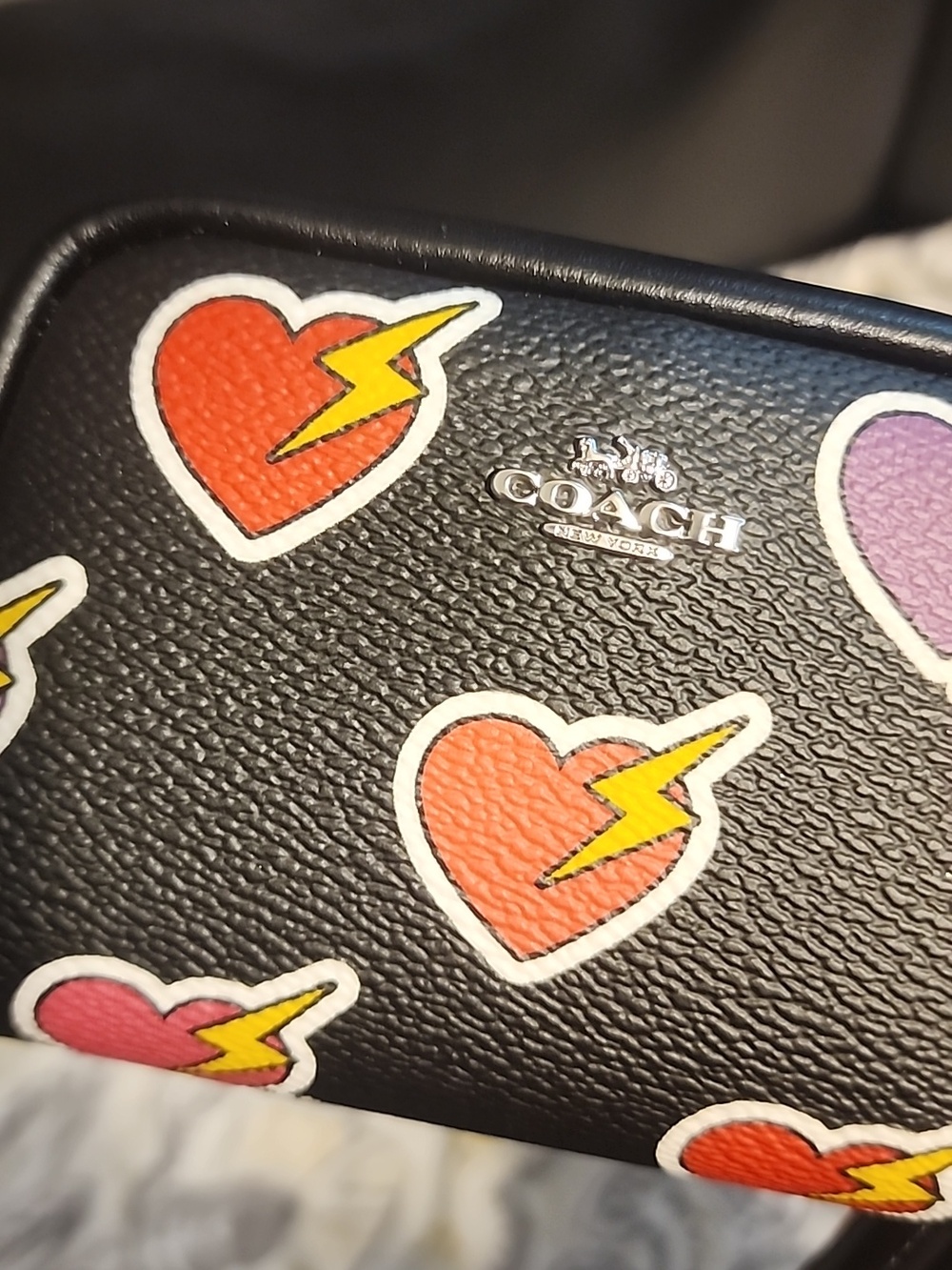 Coach Black Leather Wristlet with Lightning Heart Patches - Picture 3 of 6